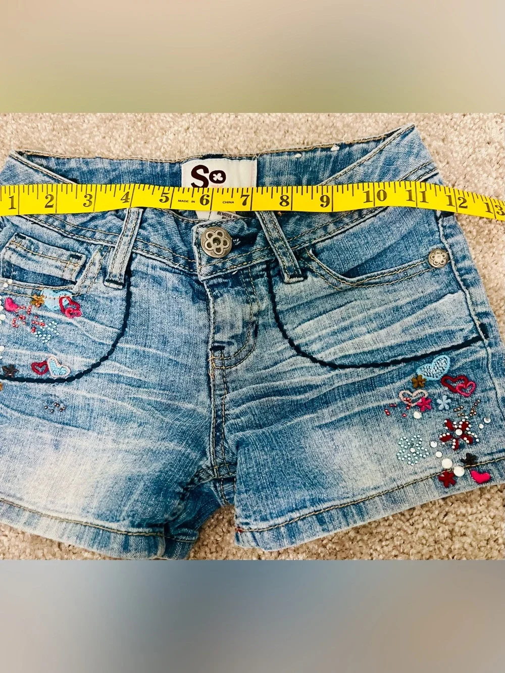 Girls' Light Blue Denim Shorts with Embroidered Hearts